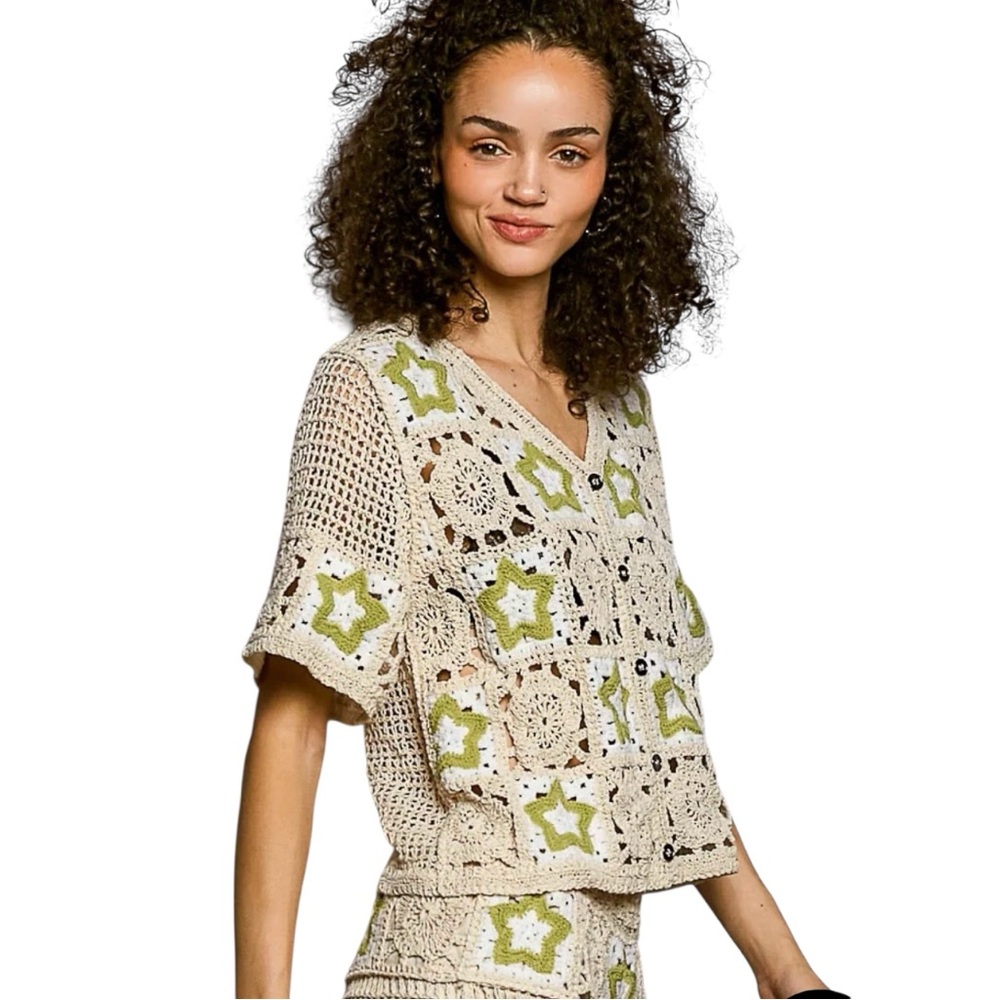 POL Button Up Crochet Star Pattern Top - image 2